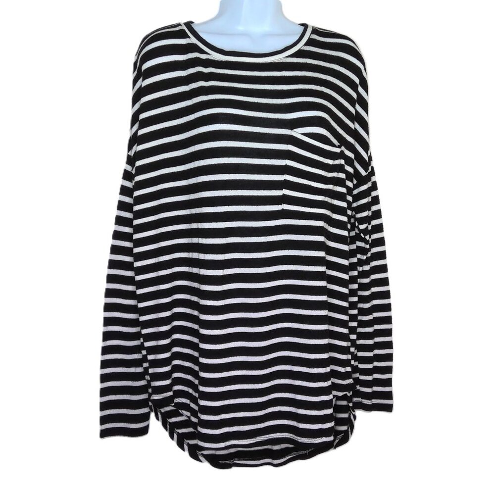 New Old Navy Top Oversized Tunic 3/4 Sleeve Black & White Striped Knit Pocket M